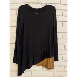 Logo Lori Goldstein Knit Top Tiered Asymmetrical Hem Black & Tan Blouse Sz Small